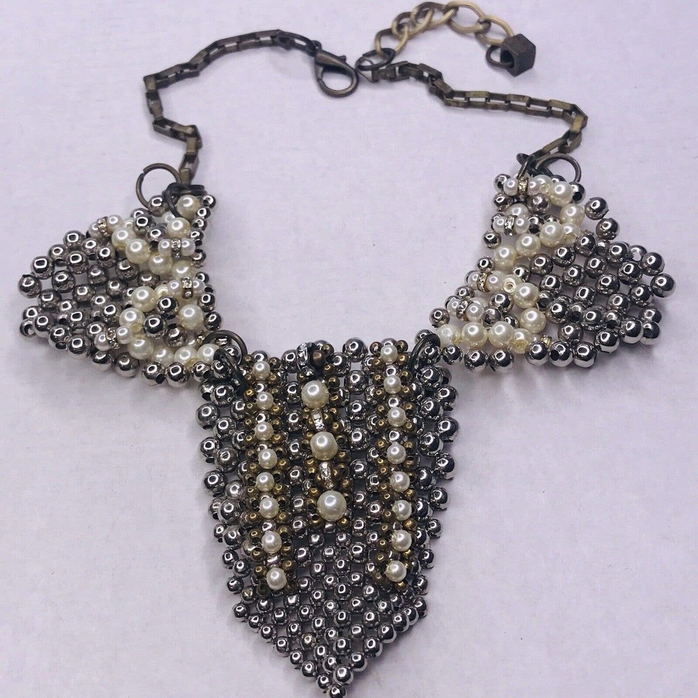 Pam Hiran Anthropologie Beaded Collar Necklace Mixed Metals Signed